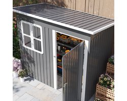 Tuinhuis Metaal, Metalen Schuurtje, Tuinberging Metaal, Gereedschapshok, Outsunny Tuinschuur, 2.55 m², Met Lessenaarsdak, 221 X 133 X 190/173 Cm, Gereedschapsschuur Met Afsluitbare Deur, Raam, Fietsenstalling, Stalen Tuinkast, Donkergrijs