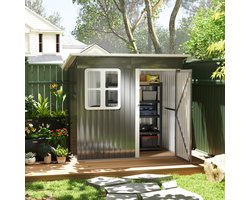 Tuinhuis Metaal, Metalen Schuurtje, Tuinberging Metaal, Gereedschapshok, Outsunny Tuinschuur, 2.55 m², Met Lessenaarsdak, 221 X 133 X 190/173 Cm, Gereedschapsschuur Met Afsluitbare Deur, Raam, Fietsenstalling, Stalen Tuinkast, Donkergrijs