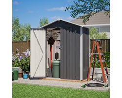 Tuinhuis – Metalen Gereedschapsschuur - 154x83x180 cm - Outdoor Tuinopslag - Met ventilatiegaten - Weerbestendig - Inclusief metalen voet - Voor Achtertuin, Terras en Grasveld - Grijs