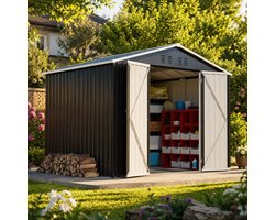 Tuinhuis - Metalen Gereedschapsschuur - 240x192x191 cm - Outdoor Tuinopslag - Afsluitbare Tuinopslag - Met schuifdeur en 4 ventilatieopeningen - Waterdicht - Weerbestendig - Voor Achtertuin, Terras en Grasveld - Zwart