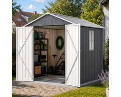 Tuinhuis – Metalen Gereedschapsschuur - Outdoor Tuinopslag - 185x182x191 cm - Met ventilatiegaten - Met ramen - Met Slot - Weerbestendig - Sneeuwbescherming - Voor Achtertuin, Terras en Grasveld - Grijs