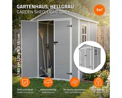 Tuinhuisje 4,2m³ kunststof gereedschapsschuurtje met vloer & schuin dak, 151x182x220 cm, lichtgrijs, gereedschapsschuurtje met raam dubbele deuren