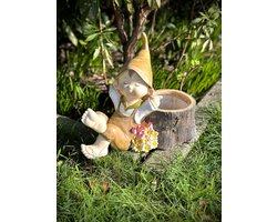 Tuinjongen liggend met bloempot 30 cm hoog - polyresin - polystone - hoogkwalitatieve kunststof - decoratiefiguur - interieur - accessoire - voor binnen en buiten - cadeau - geschenk - tuinfiguur - tuinbeeldje - tuindecoratie