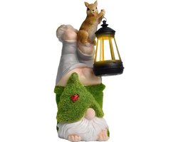 Tuinkabouter Beeldje - Kabouter Sculptuur - Tuin Decoreren - Met Eekhoorn en Lantaarn - 15x14x27.5cm - Multicolor
