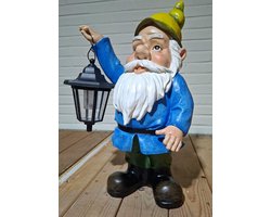 Tuinkabouter met Lantaarn op Zonne-energie - 44 cm Hoog - kabouter - Polystone Tuinbeeld - Sfeerlicht Buiten