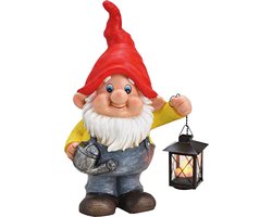 Tuinkabouter met met lantaarn voor een theelichtje - 24 x 15 x 40 cm decoratie beeld - Tuindecoratie/tuinversiering kabouter