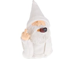 tuinkabouter middelvinger - met sigaar - 15 cm - grappig - buiten - wit