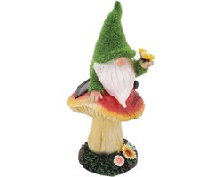 Tuinkabouter Paddestoel - Buitenbeeldje Decoratie - Tuin Verlichten - Ingebouwde Batterij - 30x16x16 cm - Bruin