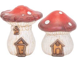 Tuinkabouter paddestoelen huisjes - 2x stuks - 33 en 35 cm - decoratieve tuinbeeldjes