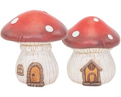 Tuinkabouter paddestoelen huisjes - 2x stuks - 33 en 35,5 cm - decoratieve tuinbeeldjes