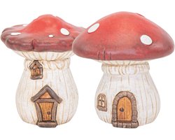Tuinkabouter paddestoelen huisjes - 2x stuks - 35 en 35,5 cm - decoratieve tuinbeeldjes
