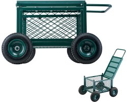 Tuinkar met Wielen en Verstelbare Zitting, metalen Zitting met Wielen, Ondersteunt Tot 180 Kg. Duurzame Tuinscooter voor Buitengebruik op Gazon, Terras Of In De Achtertuin.