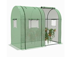 Tuinkas 1,8 m² tomatenkas afmetingen: 1,85 l x 0,9 b x 1,5 h m, 2 roldeuren met ritssluiting, 4 oprolbare ramen, PE-staal, hoge dichtheid, 135 g/m², uv-bescherming, groen