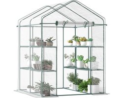 Tuinkas met 3 - laags schappen - balkonkas - verstevigde hoes - stalen frame - oprolbare deur met ritssluiting - voor groenten - planten en bloemen - binnen - en buitengebruik - 143x143x195cm - groen