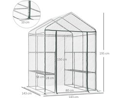 Tuinkas met planken 3 niveaus - 143 x 143 x 195 cm - transparant - stalen frame - oprolbare deur met ritssluiting-binnen en buiten - groen