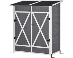 Tuinkast Gereedschapsschuur Met 2 Deuren Gereedschapskast Met Asfaltdak Tuinopbergkast Anti-kiep Design Met Grondspijkers Vurenhout Grijs + Wit 139 X 75 X 160 Cm