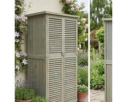 Tuinkast hout 160 x 87 x 46,5 cm – weerbestendige gereedschapskast met lameldeuren en 4 vakken – buitenkast met bitumen dak en slot voor tuin en terras – grijs – Urb