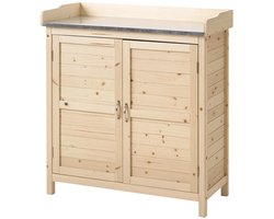 Tuinkast Hout - Buitenkast - Metalen Werkblad met Opstaande Rand - Opbergkasten - Tuinhuis - Tuinschuur - Gereedschapskast - Tuinberging - Weerbestendig - voor Buiten, Tuin & Balkon - 83x40x92 cm
