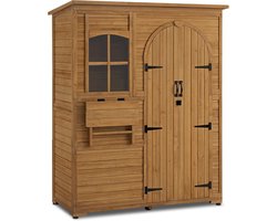 Tuinkast Hout – Tuinschuur Buiten – Bergkast Overkapping – Tuinberging Opbergkast – Weerbestendig Houten Tuinkast – Inclusief Inklapbaar Tafelblad – Ruime Opbergruimte 73x144x185 cm