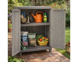 Tuinkast Kunststof Houtlook – Opbergkast met 2 Deuren & Verstelbare Plank – Weerbestendig – 91,5 cm – Grijs
