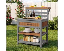 Tuinkast met Werkblad - Buitenkast Grilltafel - Buiten Koken - Roestvrijstalen Werkblad - 100kg Draaglast - Natuurlijk Hout