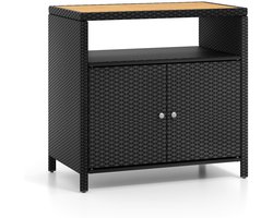 Tuinkast Rattan Kast Buitenberging Opbergkast Tuinmeubel – Zwart – 90x53x86 cm – Acaciahouten Werkblad – Weerbestendig Metalen Frame