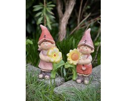 Tuinkindjes (2) staand met bloem 17 cm hoog - polyresin - polystone - hoogkwalitatieve kunststof - decoratiefiguur - interieur - accessoire - voor binnen en buiten - cadeau - geschenk - tuinfiguur - tuinbeeldje - tuindecoratie