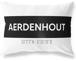 Tuinkussen AERDENHOUT - NOORD-HOLLAND met coördinaten - Buitenkussen - Bootkussen - Weerbestendig - Jouw Plaats - Studio216 - Modern - Zwart-Wit - 50x30cm