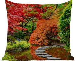 Tuinkussen - Bomen - Japans - Stenen - Pad - Natuur - 40x40 cm - Weerbestendig