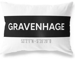 Tuinkussen GRAVENHAGE - ZUID-HOLLAND met coördinaten - Buitenkussen - Bootkussen - Weerbestendig - Jouw Plaats - Studio216 - Modern - Zwart-Wit - 50x30cm