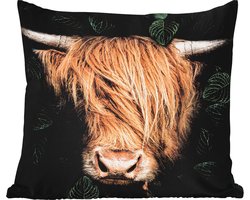 Tuinkussen - Schotse hooglander - Bladeren - Koe - 40x40 cm - Weerbestendig