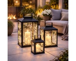 Tuinlantaarns Set - Windlichten Metaal - Sfeerverlichting Buiten - Gepoedercoat Metaal - H28/35/44 cm - Zwart