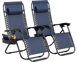 Tuinligstoel - Relaxstoel Set van 2 - Verstelbare Ligstoelen - Inclusief Hoofdkussen & Bekerhouder - Navy Blauw - Inklapbaar & Draagbaar - Voor Tuin, Strand & Camping