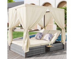 Tuinligstoel tweepersoonsbed met schaduwgordijn, rotan ligstoel, tuinmeubelen voor lounge, balkon en tuin, weerbestendig, opvouwbaar, met kussens en opklapbare tafel, crèmewit kussen