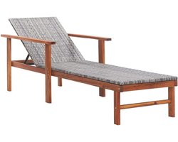 Tuinligstoel voor buiten, strand, rotan zonnebed van kunststof en massief acaciahout, grijs, 200 x 55 x 56 cm