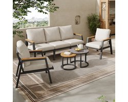 Tuinlounge Set - 3-Zits Bank, 2 Fauteuils & 2 Salontafels - Inclusief Kussens - Marmerlook Glas & Kunststofhout - Verzinkt Staal - Grijsbeige - Ideaal voor Tuin, Terras en Balkon