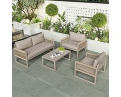 Tuinlounge-set - 4-delig - Rope Vlechtwerk met Verstelbare Poten - Verzinkt IJzer en Glas - Kaki