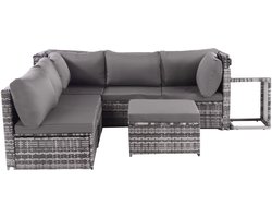 Tuinlounge-set - Rieten zonneschijn eiland zitgroep, bank met zonnedak, kruk, fauteuils en tafel, buitenmeubelen voor tuin, loungemeubelen voor balkon en tuin, terrasmeubelen, weerbestendig - grijs
