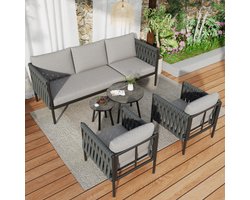 Tuinlounge-set, tuinmeubelset met comfortabele kussens, 3-zitsbank, 2 stoelen en 2 salontafels, dik gevlochten touw, gemarmerd glasblad, galvaniseerd staal, grijs