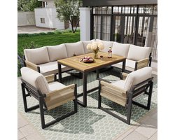 Tuinlounge set voor 8 personen met eettafel 115x60x64 cm – modulaire hoekbank, tuinbank en stoelen inclusief dikke kussens – verstelbare poten – luxe outdoor meubelset beige – Laura