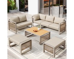 Tuinloungefauteuil set - voor 7 personen - handgeweven touw tuinbank - ligstoel - met kussen en rugkussen - verstelbare voeten - beige