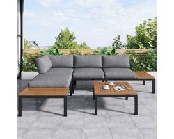 Tuinloungeset (2 tweezitsbanken, 2 bijzettafels, 1 tafel), tafelblad van massief acacia, stoffen bekleding voor de rugleuning, grijs