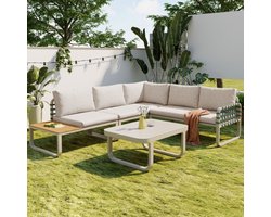 Tuinloungeset (4-5 zitplaatsen), groene leren rotan tuinmeubelset, moderne buitensofaset inclusief alle zit- en rugkussens, balkonset, tuin en terras, abrikoos