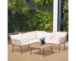 Tuinloungeset 4-Delig 115x68x80 cm Rotan Loungeset met Hoekbank, 2 Tweezitsbanken, Salontafel en Dikke Kussens voor Tuin, Terras en Balkon Crème Beige – Mobili Bella