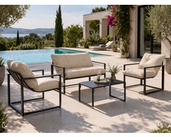 Tuinloungeset 4-delig - 2-zitsbank - 2 fauteuils - Staal - Zwart/Beige