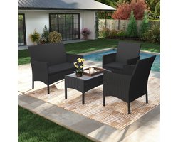Tuinloungeset 4-Delige – Balkon Tuinset met Tafel en Kussens – Weerbestendig – Stalen Frame – Zwart
