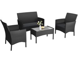 Tuinloungeset 4-Delige – Tuinmeubelset - Balkon Tuinset met Tafel en Kussens – Weerbestendig – Stalen Frame – Zwart