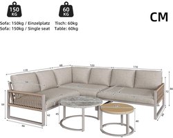 Tuinloungeset 6-7 Personen – Bellavero Luxe Hoekbank L-Vorm met 2 Tafels – Weerbestendige Lounge Set met Kussens, Verstelbare Poten & Touw Details – Moderne Tuinset voor Terras, Balkon & Tuin – Beige