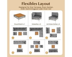Tuinloungeset Bellavero 7-delig – Modulaire PE-Rotan Balkon- en Terrasmeubelset met Hoekbanken, Zitbanken, Salontafel van Acaciahout en Zit- & Rugkussens – Outdoor Loungeset voor Tuin, Balkon & Terras – Grijs