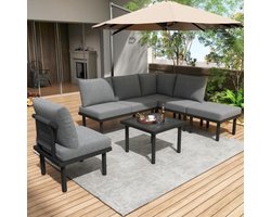 Tuinloungeset met gegalvaniseerd ijzeren frame, set van 6, touw tuinmeubelset, grijs touw, verstelbare poten, glad glazen tafelblad, inclusief alle zit- en rugkussens, grijs